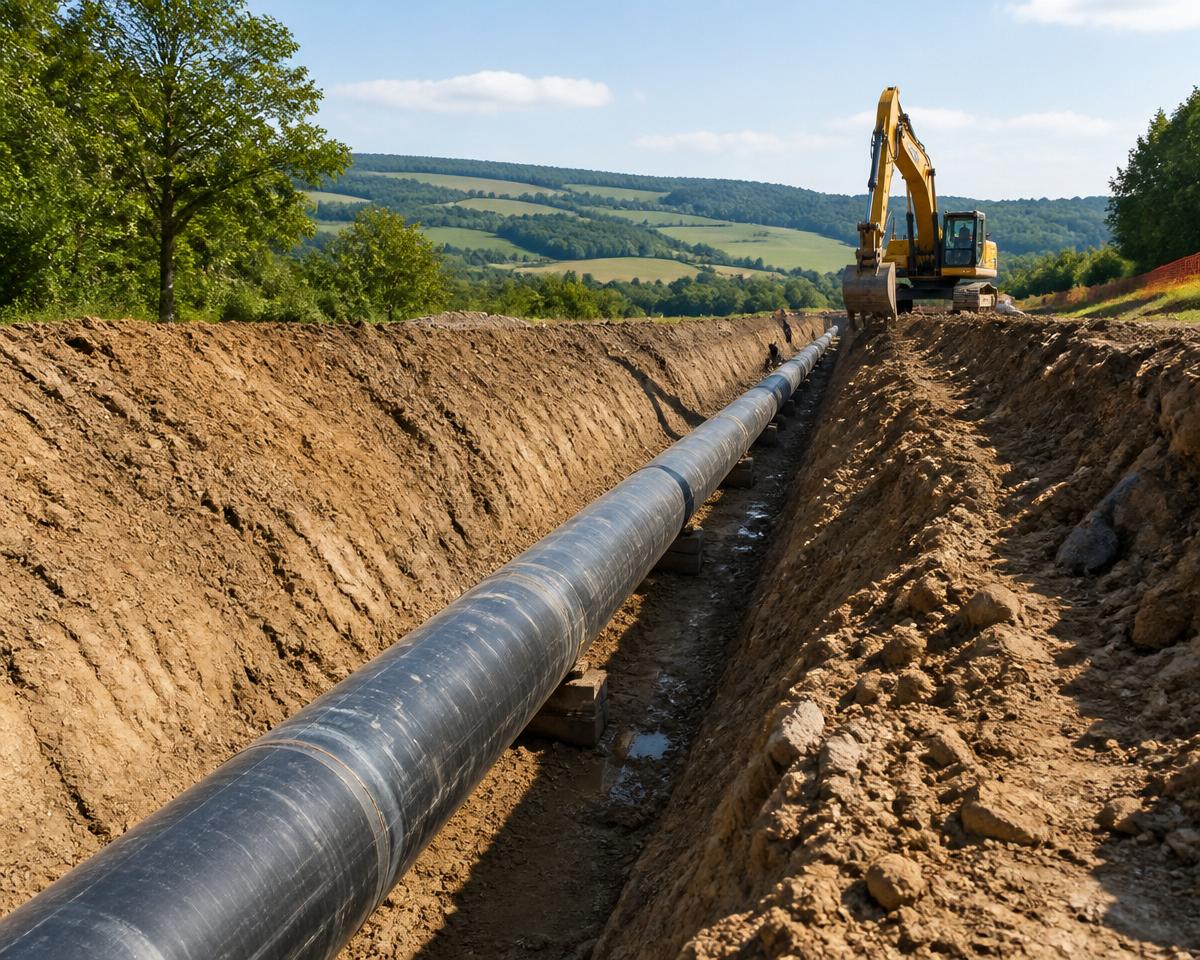 Excavator digging trench with pipeline